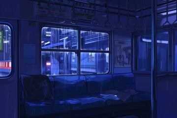 A train compartment with soft rain tapping against the windowpane, cozy vibe, Generative AI