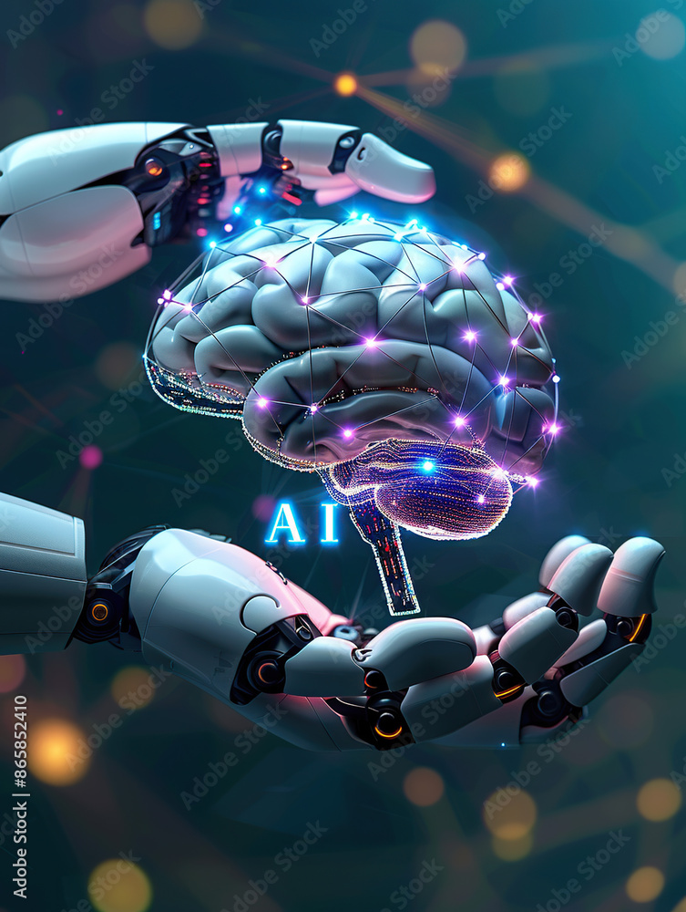 Poster a white robot hand with glowing blue holographic text 