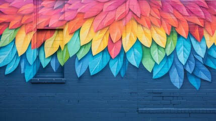 Obraz premium Colorful mural of overlapping leaves on a brick wall, showcasing vibrant shades of pink, orange, yellow, green, and blue.