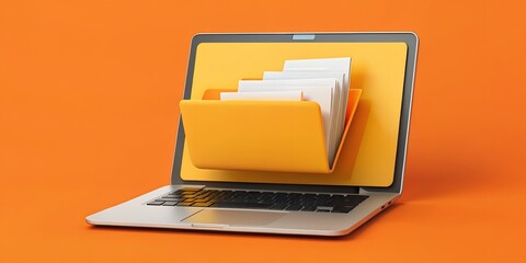 File Folder on Laptop with Vibrant Orange Background