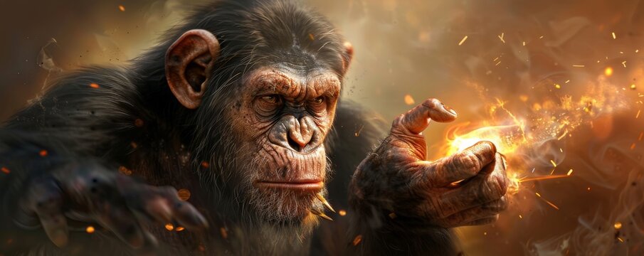 Angry Chimpanzee Holding Fire