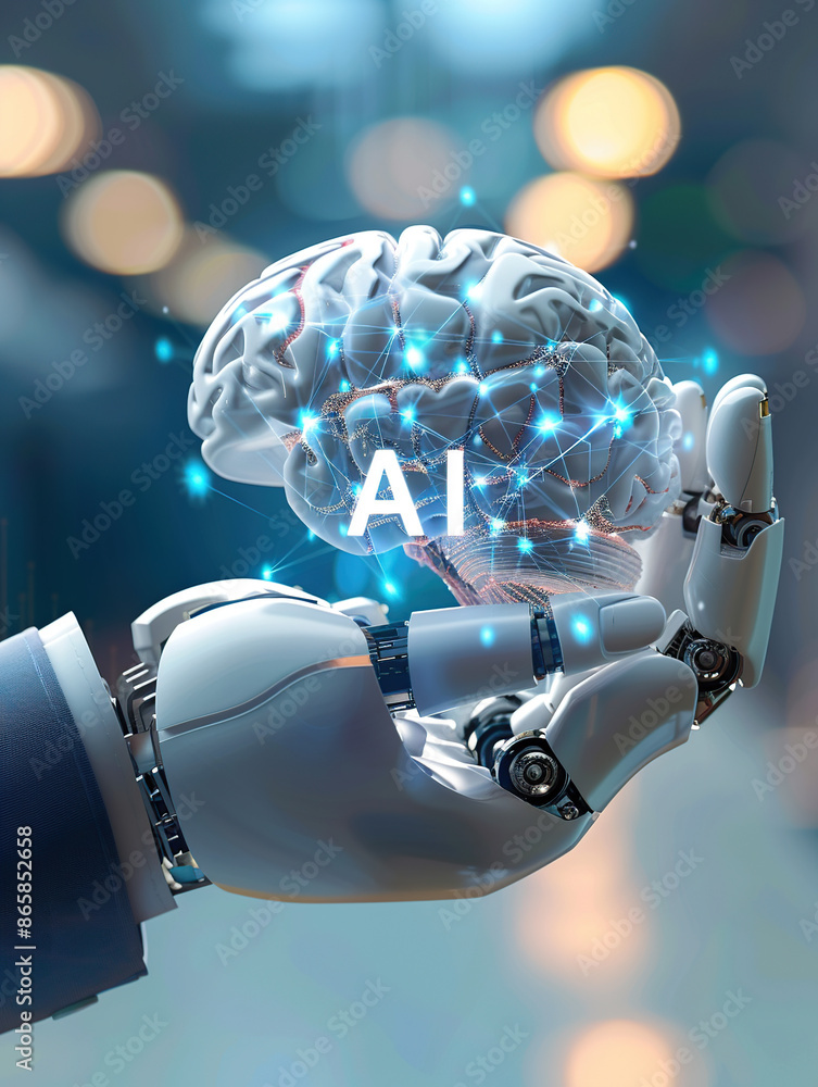Poster a white robot hand with glowing blue holographic text 