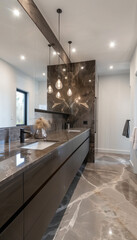 Modern Luxury: Emperador Marble Bathroom - Large Countertop and Backsplash, Sleek Fixtures - Ideal for Minimalist Design
