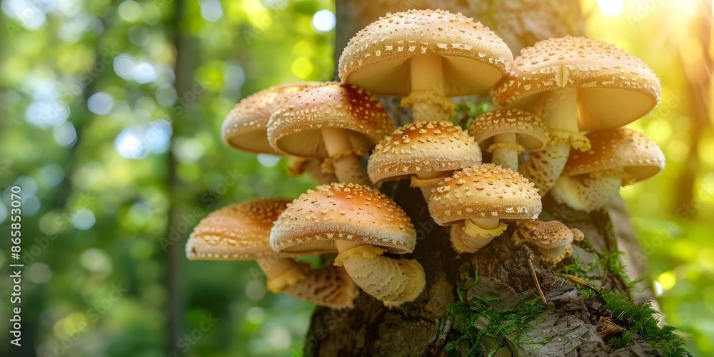 Poster sunlight filtering through lush forest canopy highlighting shiitake mushrooms growing on trees. conc