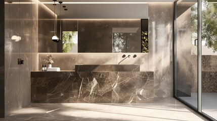 Modern Luxury: Emperador Marble Bathroom - Large Countertop and Backsplash, Sleek Fixtures - Ideal for Minimalist Design