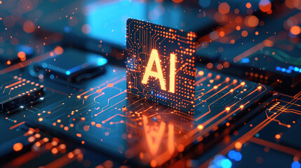 A glowing blue holographic text "AI" with an AI sphere icon surrounded by complex neural networks and digital data connections on a dark background