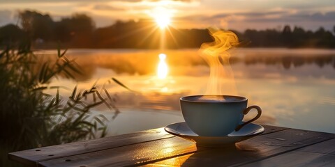 Tea cup steaming on table near serene lake at sunset. Concept Tea, Cup, Steaming, Table, Lake, Sunset