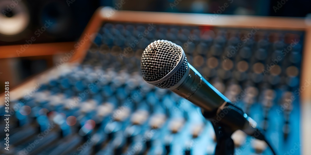 Poster professional recording studio with microphone audio mixer and musical instruments in background. con