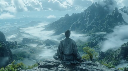 Fototapeta premium A kung fu master performing a dragon stance in a mystical landscape