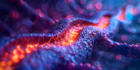 Closeup of fluorescent artery plaque buildup indicating heart disease risk on anatomical model. Concept Medical Illustration, Artery Plaque, Heart Disease Risk, Anatomical Model, Closeup Viewing