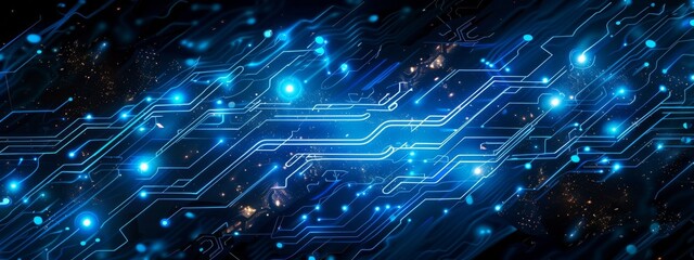 A blue and white image of a computer circuit board with many small blue lights