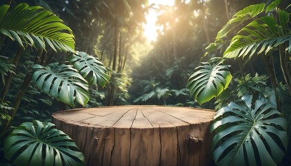 Wooden podium theme background. there is a wooden podium for placing products in a beautiful forest setting with monstera leaves. tropical, templates. Promotion. Advertisement