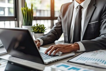Close-up of businessman working on laptop computer on wooden desk in modern office