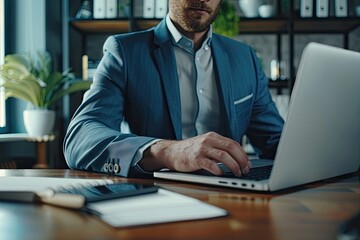 Close-up of businessman working on laptop computer on wooden desk in modern office