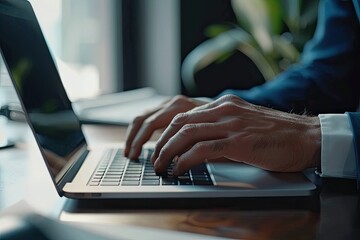 Close-up of businessman working on laptop computer on wooden desk in modern office
