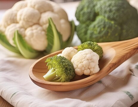 Healthy broccoli vegetables served in tablespoons on a clean and elegant white cloth background.generative ai