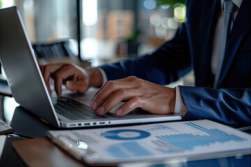 Close-up of businessman working on laptop computer on wooden desk in modern office