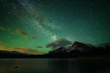 Fantastic starry sky with the Milky Way against the backdrop of the Canadian Rockies