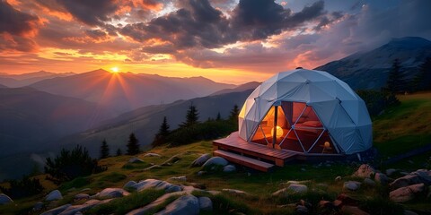 Geodesic dome glamping pod nestled in mountains glowing at sunset and sunrise. Concept Mountain Retreat, Glamping, Geodesic Dome, Sunset Glow, Sunrise Majesty