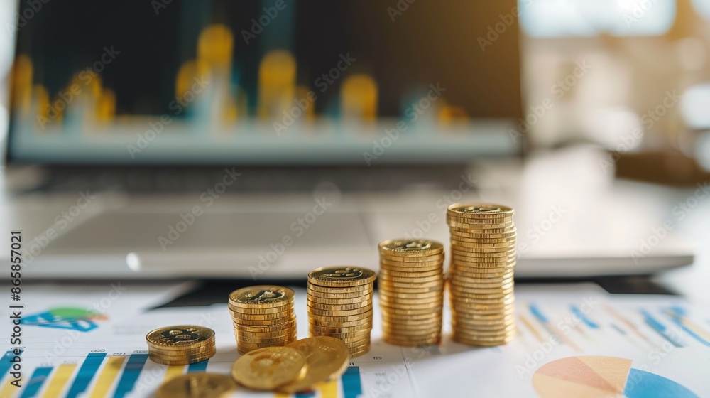 Poster stacks of coins on a table with a laptop in the background.