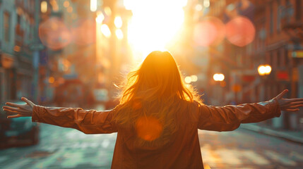 Fototapeta premium Woman holding out her hands towards the morning sun in the city..