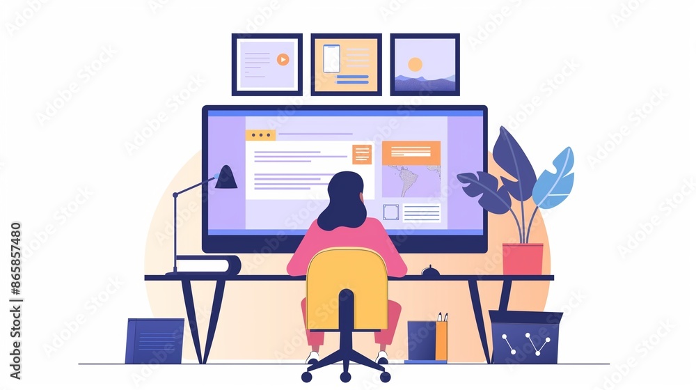 Poster a freelancer uses a laptop to create a landing page for web customer support.