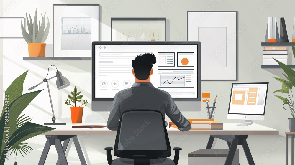 Poster a freelancer uses a laptop to create a landing page for web customer support.