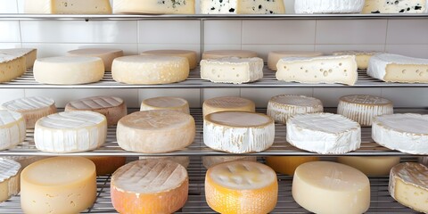 Factory room with racks of various cheeses maturing in special storage. Concept Cheese production, Cheese aging process, Dairy industry, Cheese storage, Cheese factory
