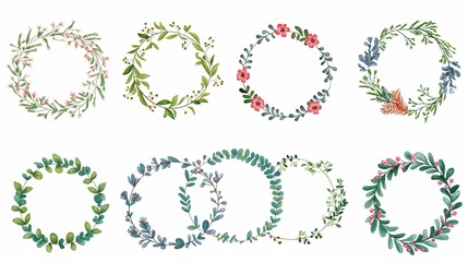Fototapeta premium A Set Of Natural Wreaths With A White Background. 
