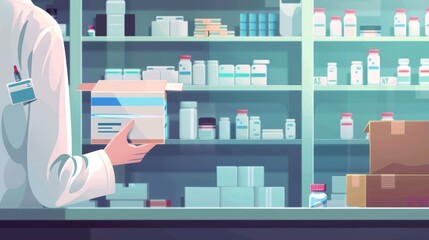 Pharmacist checking medication inventory with prescription box at shelf in pharmacy