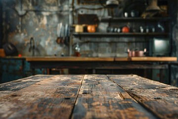 empty table top with industrial kitchen