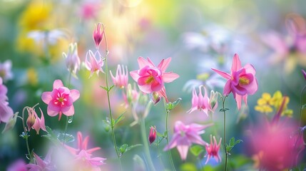 field of flowers, Beautiful meadow of columbine flowers close up, summer time on a sunny day, soft focus background