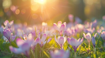 Beautiful meadow of crocus flowers close up, summer time on a sunny day, soft focus background, whimsical and Idyllic nature