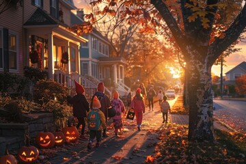 Naklejka premium Children Trick-or-Treating During Sunset on Halloween