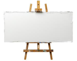 Wooden easel holding a large blank white canvas, ready for painting or drawing, isolated on a white background.