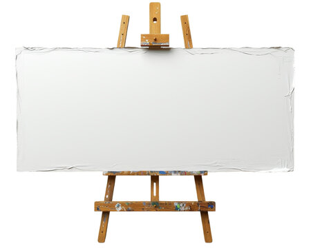 Wooden easel holding a large blank white canvas, ready for painting or drawing, isolated on a white background.
