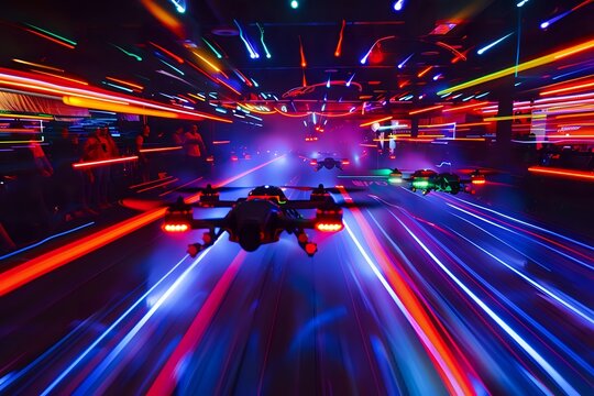 Fast racing drones with LED lights flying in a dark room with colorful neon lights.  Concept of drone racing, technology, speed, and competition.