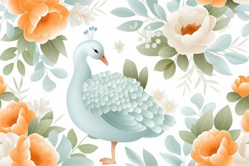 Elegant Swan amidst Blooming Florals Illustration
