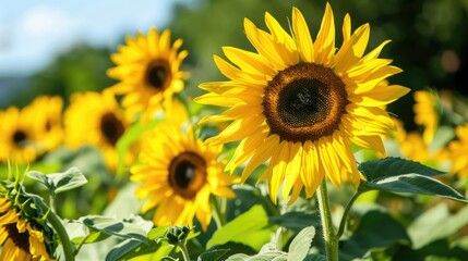 Obraz premium field of sunflowers and sun