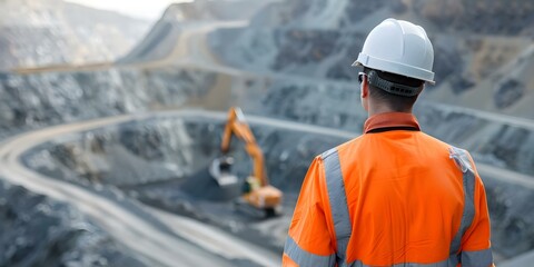 Geological engineer in safety gear inspecting mining site for safety compliance. Concept Civil engineering, Mining & excavation, Safety compliance, Geological inspection
