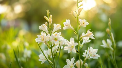 Beautiful meadow of tuberose flowers close up, summer time on a sunny day, soft focus background, whimsical and Idyllic nature