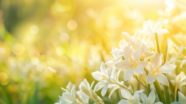 Beautiful meadow of tuberose flowers close up, summer time on a sunny day, soft focus background, whimsical and Idyllic nature