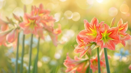Beautiful meadow of amaryllis flowers close up, summer time on a sunny day, soft focus background, whimsical and Idyllic nature