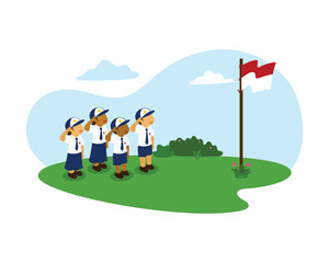 illustration of students attending the Indonesian independence ceremony on August 17