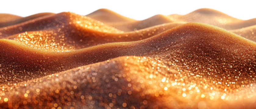 A mesmerizing close-up shot of shimmering golden sand dunes, artistically capturing the play of light and texture in a serene desert landscape.