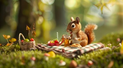 Obraz premium Miniature Animal Picnic: Whimsical Scene of Tiny Creature Enjoying Delicious Food and Drink on Tiny Blanket