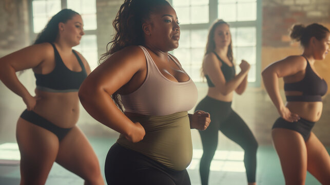 Fitness Class - Body-positive models participating in a group fitness class, body positive, models, hd, energetic with copy space
