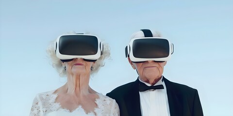 Elderly couple in formal wear wearing virtual reality headsets. Concept Elderly, Couple, Formal Wear, Virtual Reality Headsets