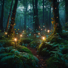 A mystical forest with glowing plants