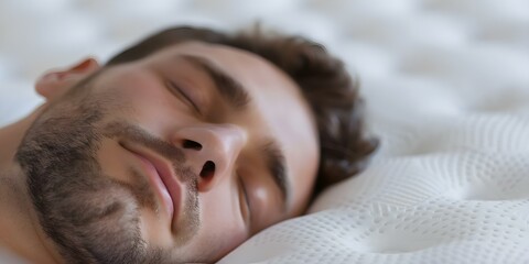 Man peacefully sleeping on comfortable orthopedic mattress and pillow at home. Concept Home Comfort, Peaceful Slumber, Orthopedic Support, Restful Sleep